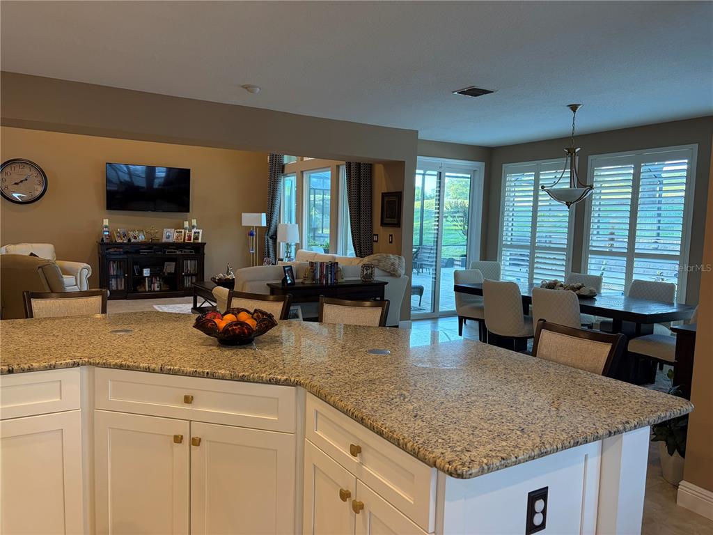 A kitchen island with granite countertops overlooks a living room and dining area — 889 EAGLE CLAW COURT, LAKE MARY, FL