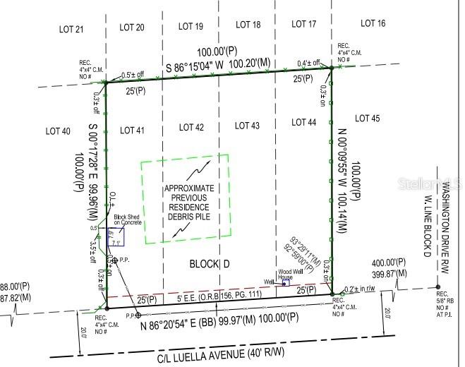 This is a land survey map showing property boundaries, lot lines, and existing site structures — 27729 LUELLA AVENUE, PAISLEY, FL