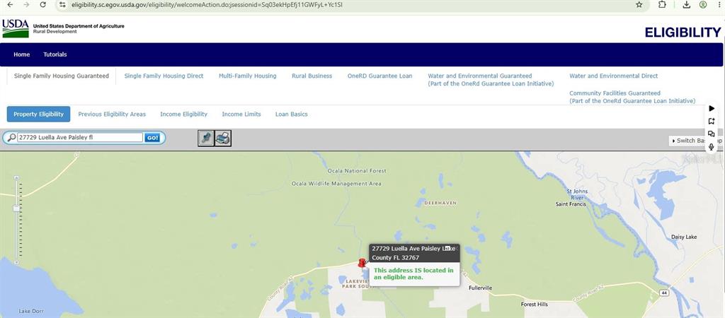 This is a map showing that a specific address is located in a USDA-eligible area — 27729 LUELLA AVENUE, PAISLEY, FL