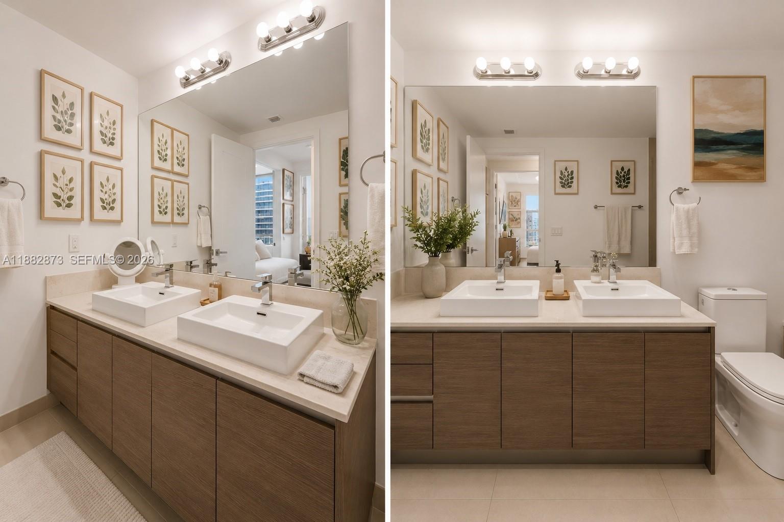A modern bathroom features a double vanity with wood cabinets, white vessel sinks, and mirrors — 1080 Brickell Ave # 2503, Miami FL 33131, MIAMI, FL