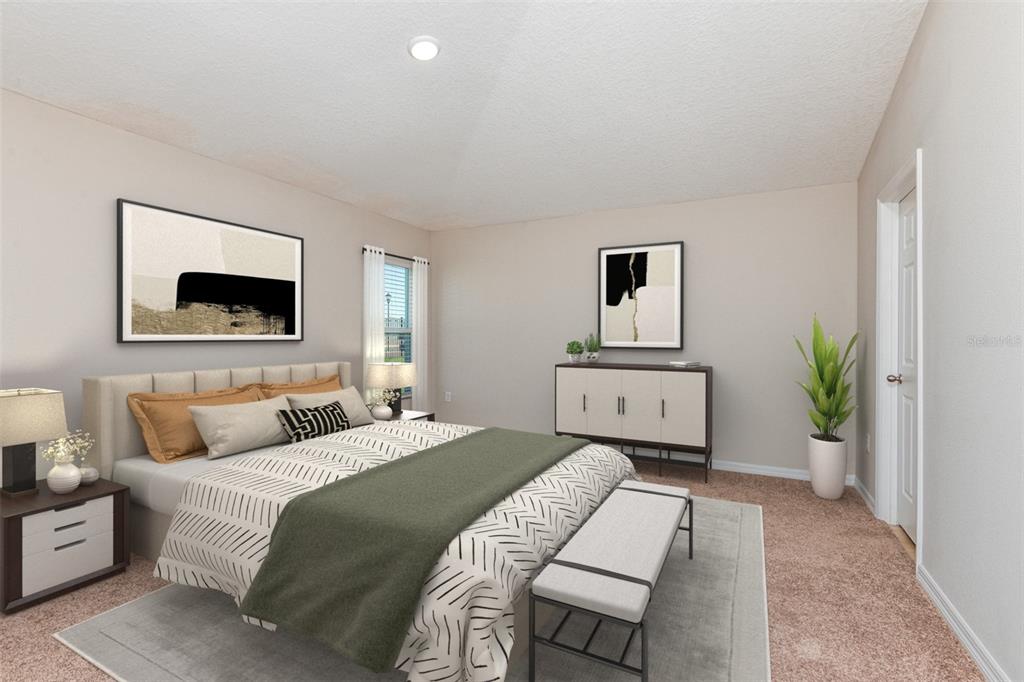 This is a digital rendering of a bedroom featuring a bed, dresser, and neutral decor — 36618 SAGEMOOR DRIVE, ZEPHYRHILLS, FL
