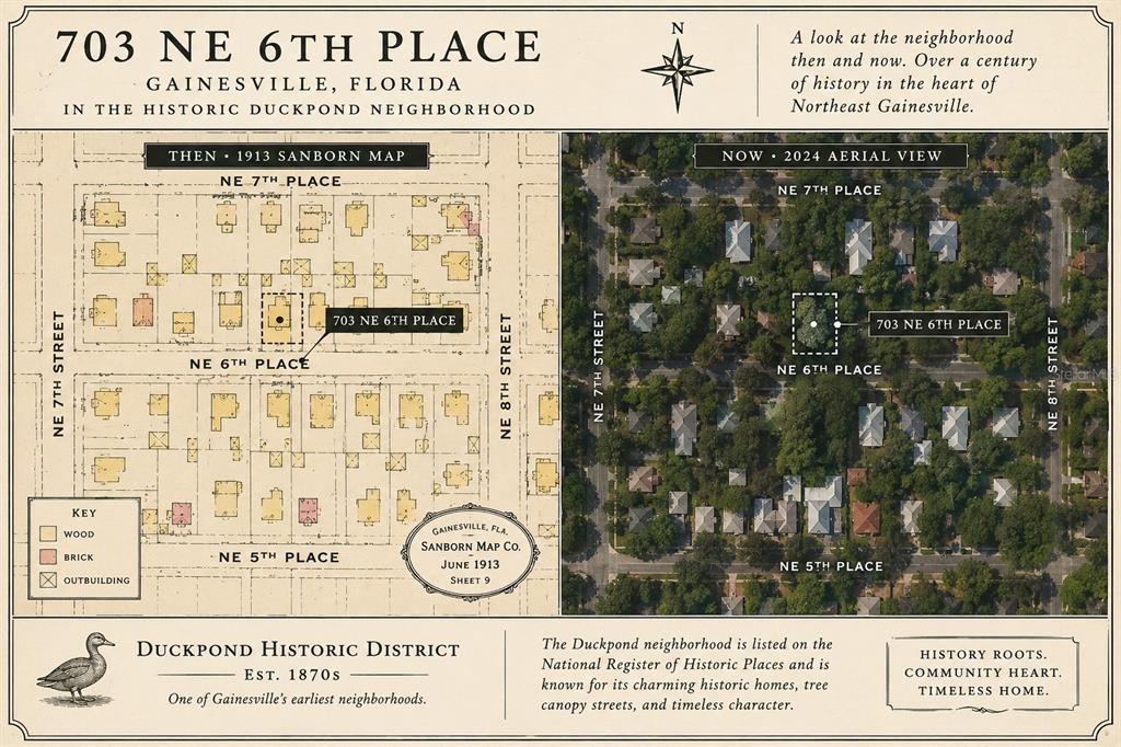 This image is a map comparing a 1913 historical survey with a 2024 aerial view — 703 NE 6TH PLACE, GAINESVILLE, FL