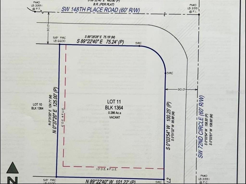 This is a survey map showing the property boundaries and dimensions for a vacant lot — SW 148TH PL ROAD, OCALA, FL