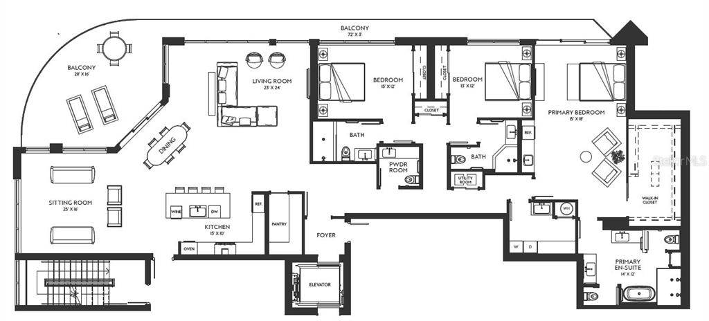 This floor plan shows a luxury apartment layout with three bedrooms, multiple bathrooms, and a balcony — 290 COCOANUT AVENUE UNIT 601, SARASOTA, FL