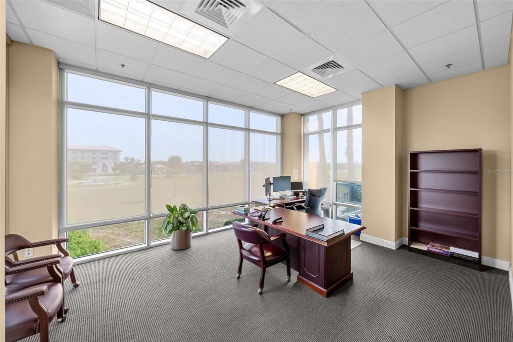 An office with a large desk, chairs, a bookshelf, and floor-to-ceiling windows overlooking a field — 5550 W EXECUTIVE DRIVE UNIT 250, TAMPA, FL