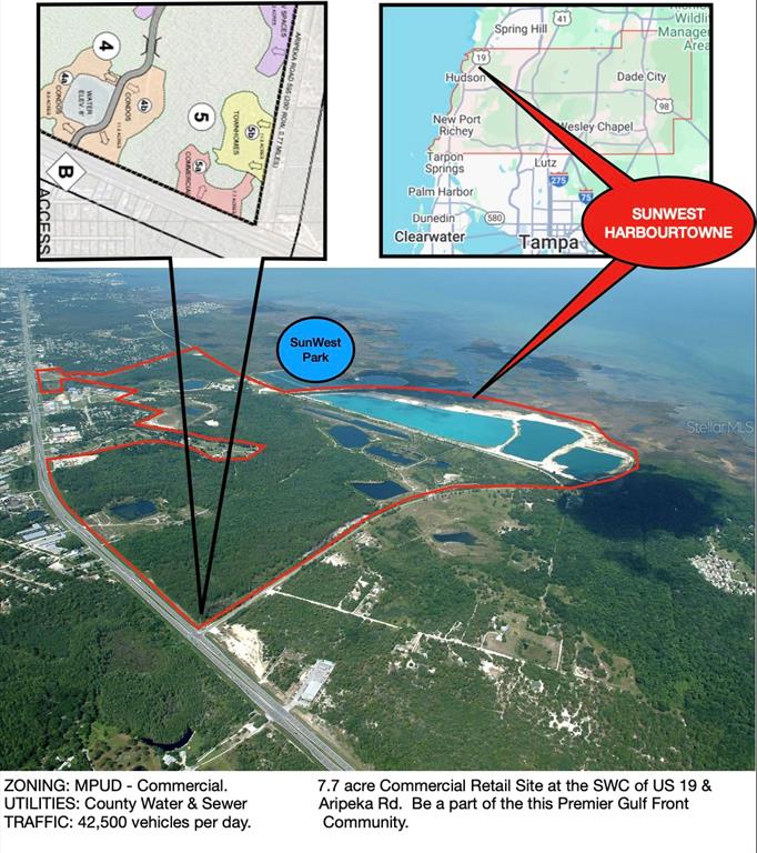 An aerial map and site plan show a coastal property development near US 19 — US HWY 19, HUDSON, FL