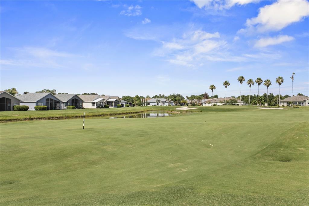 A view of a golf course green with a pond and houses in the background — 29255 GRASS BUNKER DRIVE, SAN ANTONIO, FL