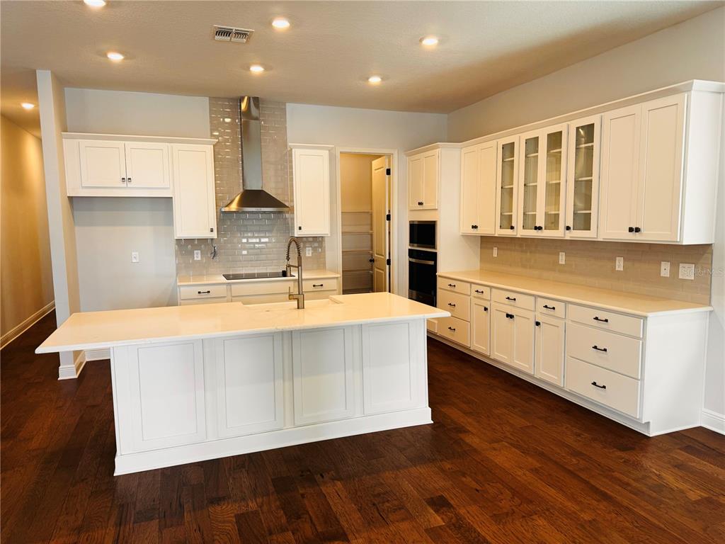 A modern kitchen features white cabinetry, a large central island, and dark hardwood flooring — 10120 PEEBLES STREET, ORLANDO, FL