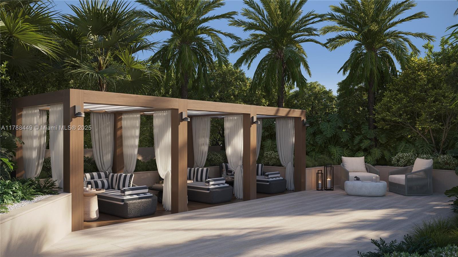 This rendering shows an outdoor patio with a wooden pergola, lounge seating, and palm trees — 1837 NE 4th Ave # 1414, Miami FL 33132, MIAMI, FL