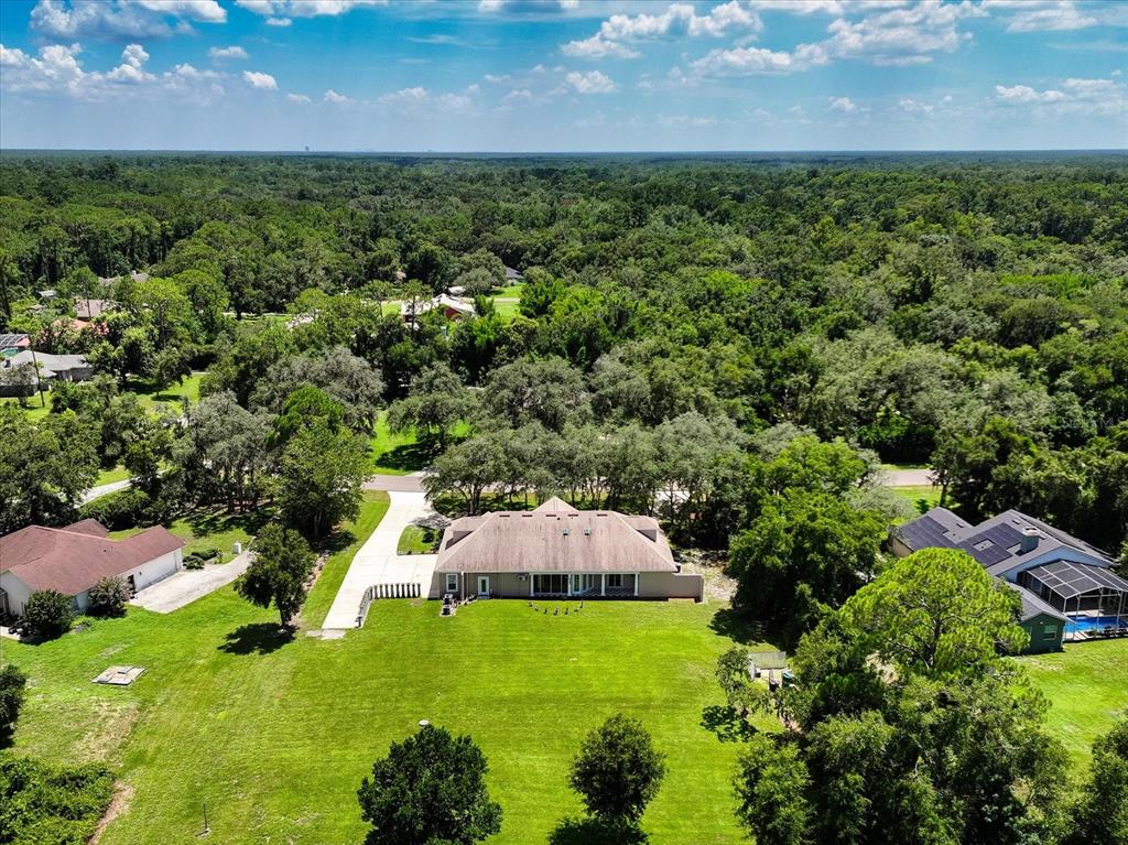 An aerial view shows a single-story house with a large backyard surrounded by dense trees — 180 RIVER OAKS CIRCLE, SANFORD, FL