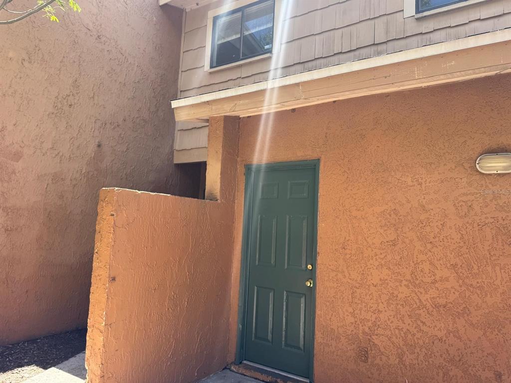 A green door is set into an orange stucco exterior wall beneath a wooden overhang — 6918 TROUT STREET, TAMPA, FL