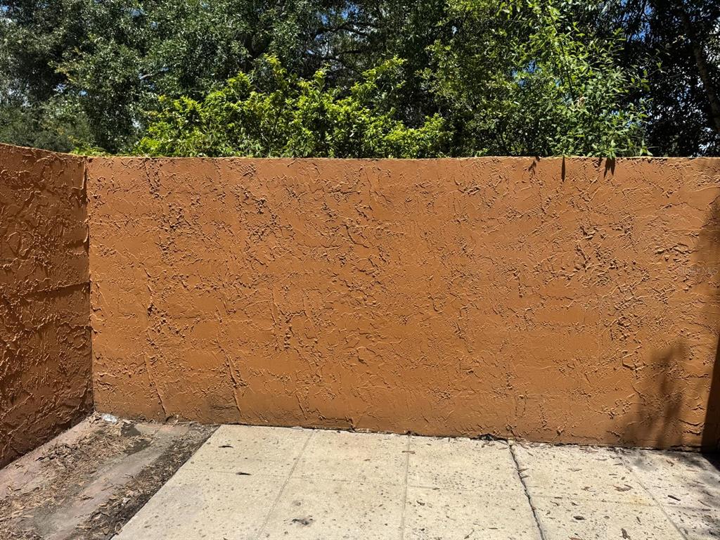 A textured orange stucco wall stands behind a concrete patio area with trees above — 6918 TROUT STREET, TAMPA, FL