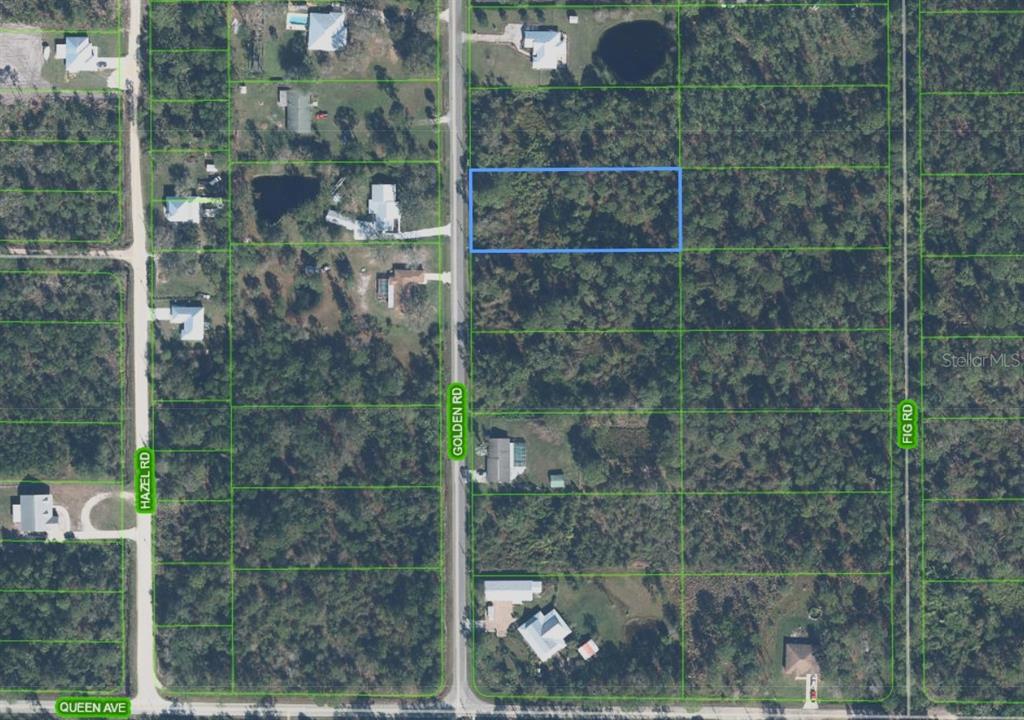 This is an aerial map showing a rectangular plot of land highlighted in blue — 6016 GOLDEN ROAD, SEBRING, FL