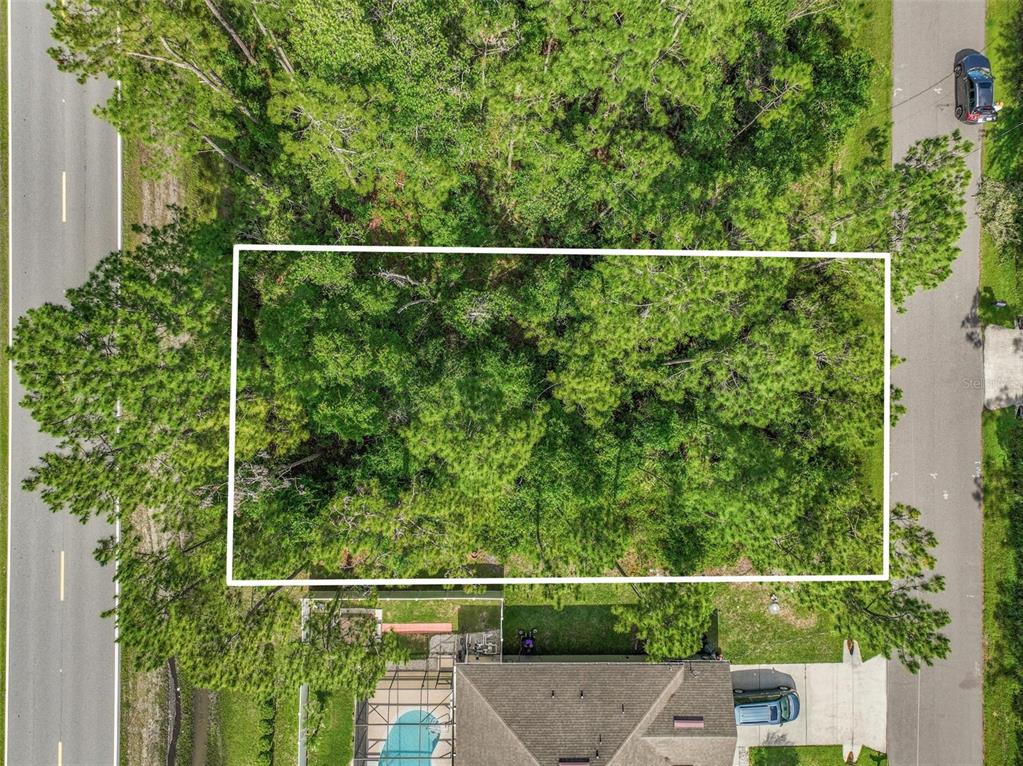 An aerial view shows a rectangular, wooded vacant lot situated between a road and houses — 3 KATHRYN PLACE, PALM COAST, FL