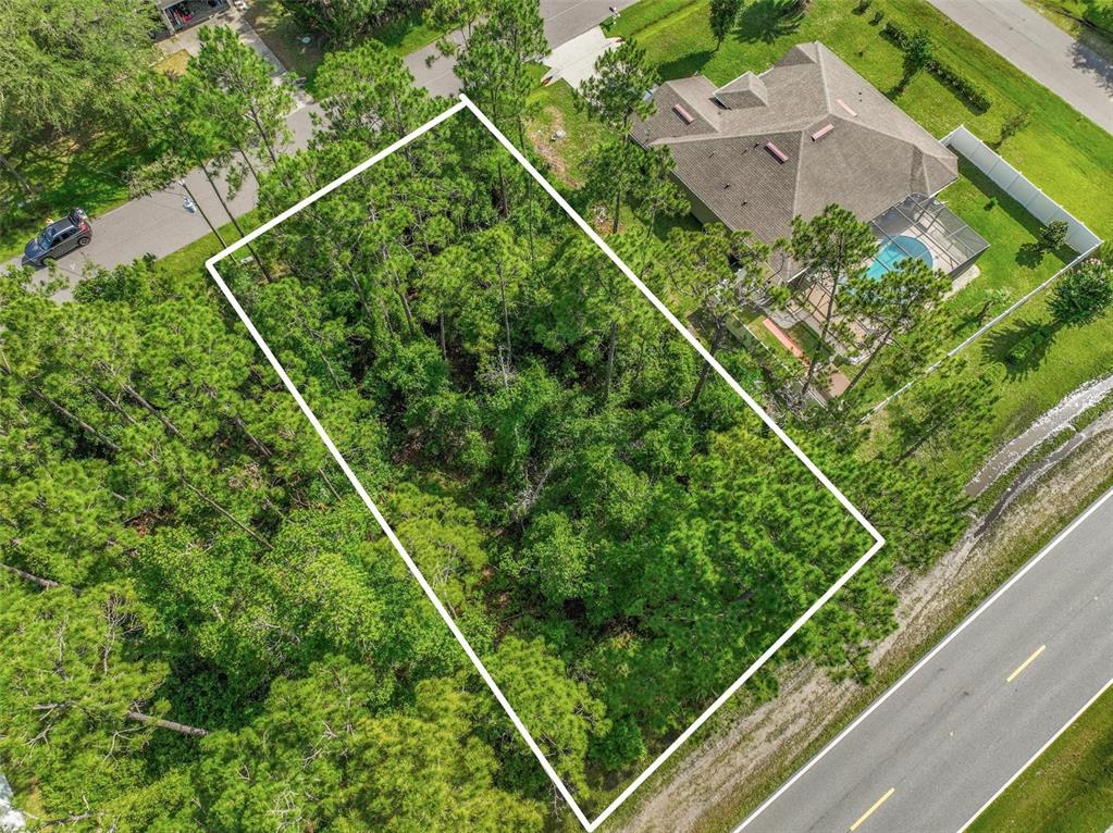 An aerial view shows a rectangular, wooded vacant lot outlined in white next to a house — 3 KATHRYN PLACE, PALM COAST, FL