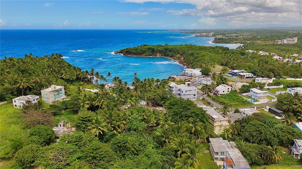An aerial view shows a coastal neighborhood with houses nestled among trees near the ocean — CAP DE MAR, BREÑAS, VEGA ALTA, PR