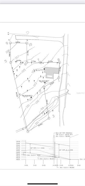 This is a site survey map showing property boundaries, topography, and a drainage pipe profile — CAP DE MAR, BREÑAS, VEGA ALTA, PR