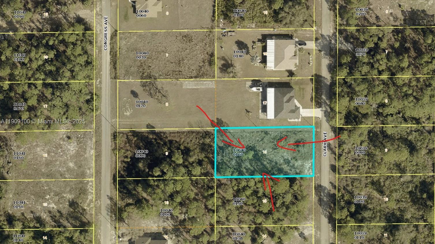 This is an aerial map showing a highlighted vacant lot located between two roads — 1507 Clark Ave, Lehigh Acres FL 33972, LEHIGH ACRES, FL