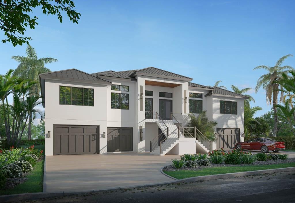 A digital rendering of a modern two-story house with a raised entry and multiple garages — 5248 THE POINTE, ENGLEWOOD, FL