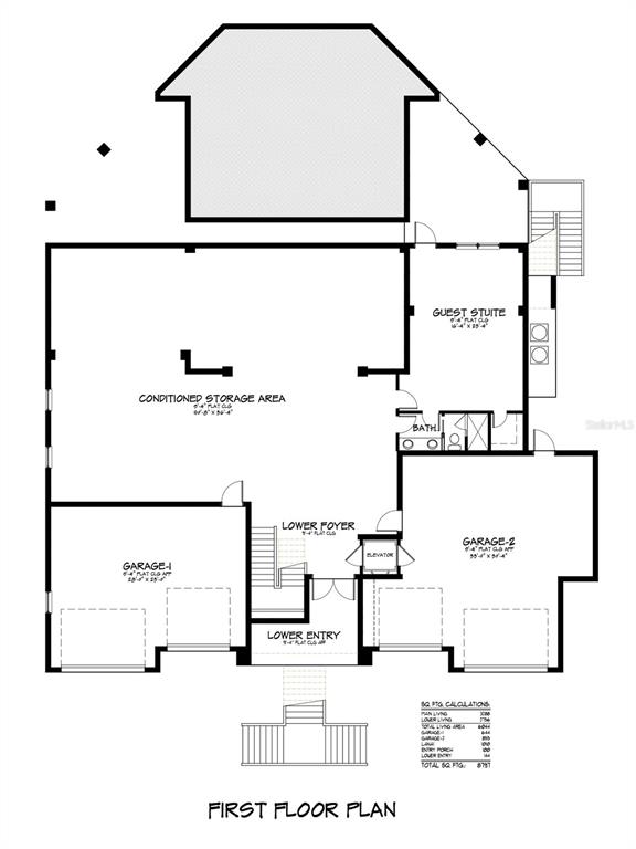 This is a floor plan for the first level of a house featuring two garages — 5248 THE POINTE, ENGLEWOOD, FL