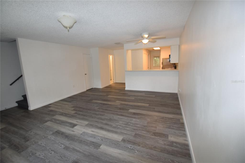 An empty living room features gray wood-look flooring, white walls, and a kitchen pass-through window — 906 SUMTER STREET, LEESBURG, FL