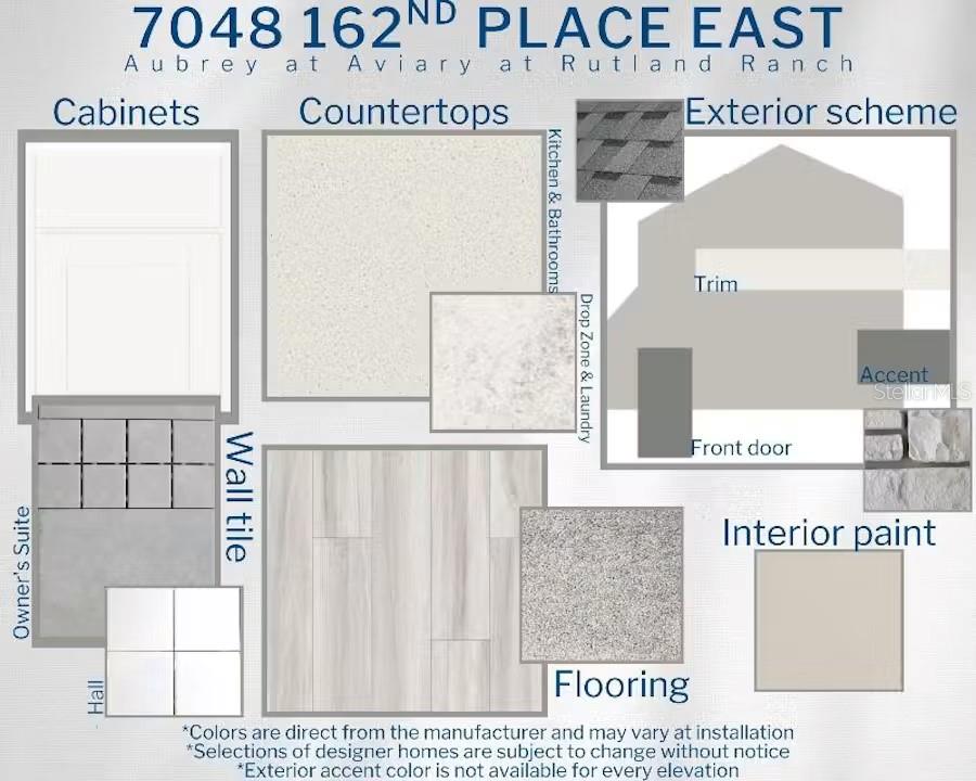 This design board displays material and color selections for a home's interior and exterior finishes — 7048 162ND PLACE E, PARRISH, FL