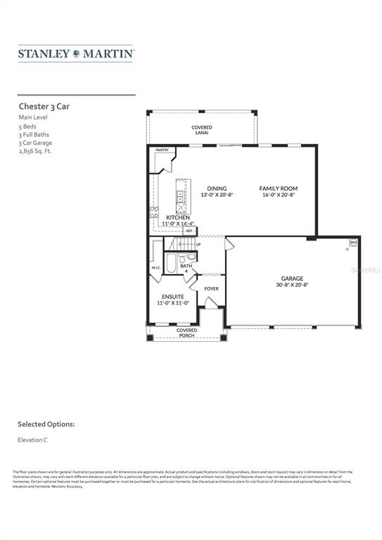 This floor plan shows the main level of a five-bedroom house with a three-car garage — 33913 SEATTLE SLEW DRIVE, SORRENTO, FL