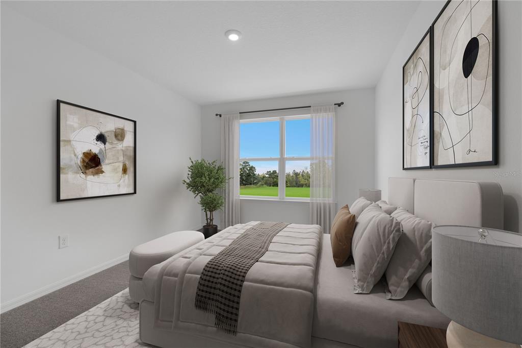 This is a digital rendering of a bedroom featuring a bed, artwork, and a window — 33913 SEATTLE SLEW DRIVE, SORRENTO, FL