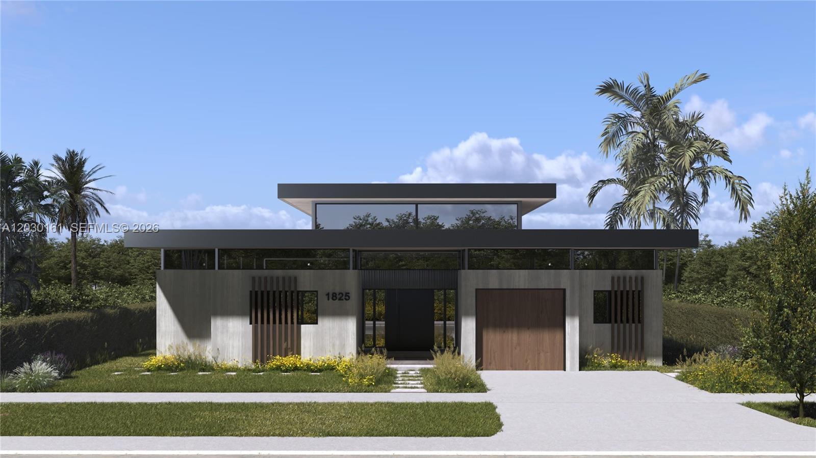 This is a rendering of a modern, single-story home with a flat roof and concrete facade — 1825 NE 187th St, Miami FL 33179, MIAMI, FL