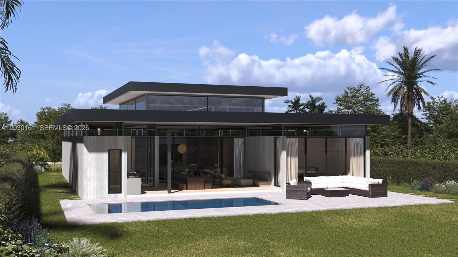 A digital rendering shows a modern single-story house with a flat roof, pool, and patio — 1825 NE 187th St, Miami FL 33179, MIAMI, FL