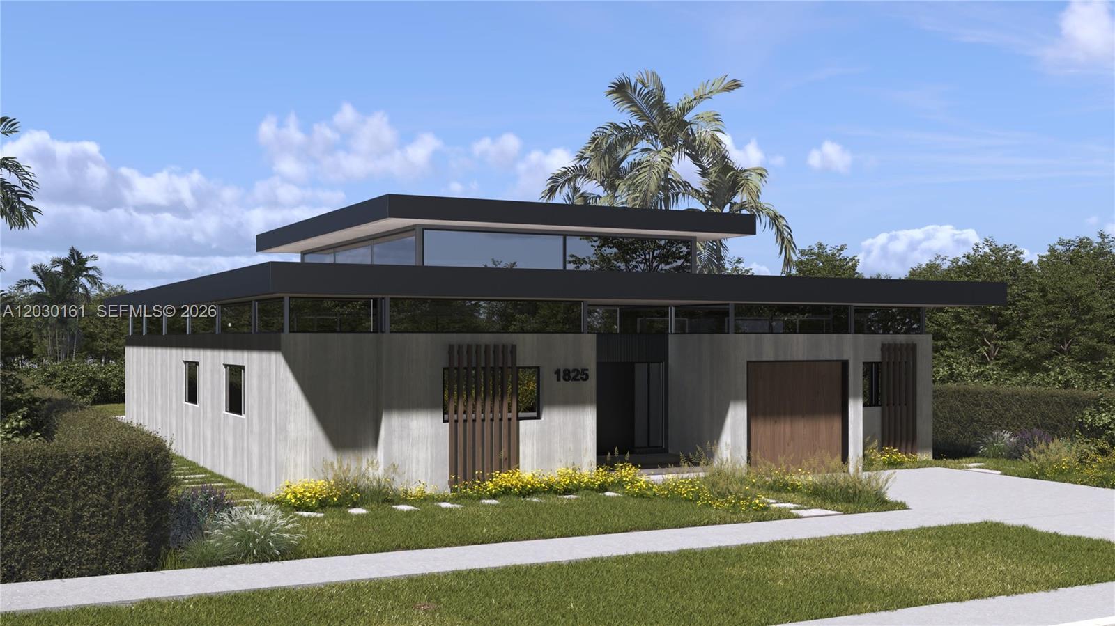 This is a rendering of a modern single-story home with a flat roof and clerestory windows — 1825 NE 187th St, Miami FL 33179, MIAMI, FL
