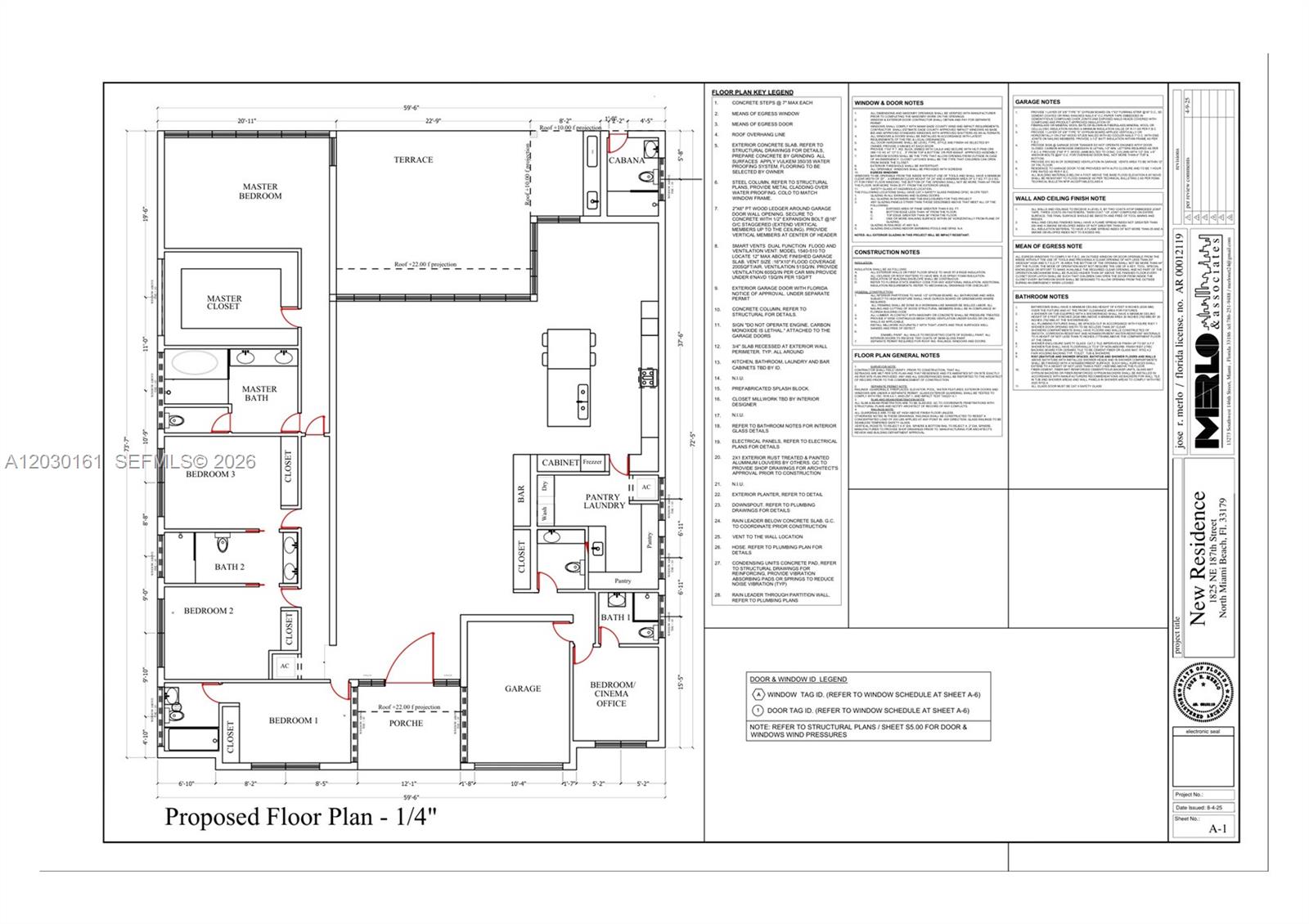 This is a detailed architectural floor plan for a residential home with multiple bedrooms — 1825 NE 187th St, Miami FL 33179, MIAMI, FL
