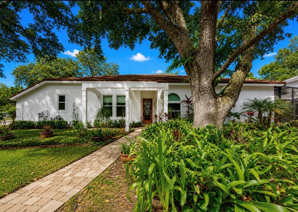 A white single-story house with a brick walkway and a large tree in the front yard — 5204 GREEN FOREST COURT, TAMPA, FL