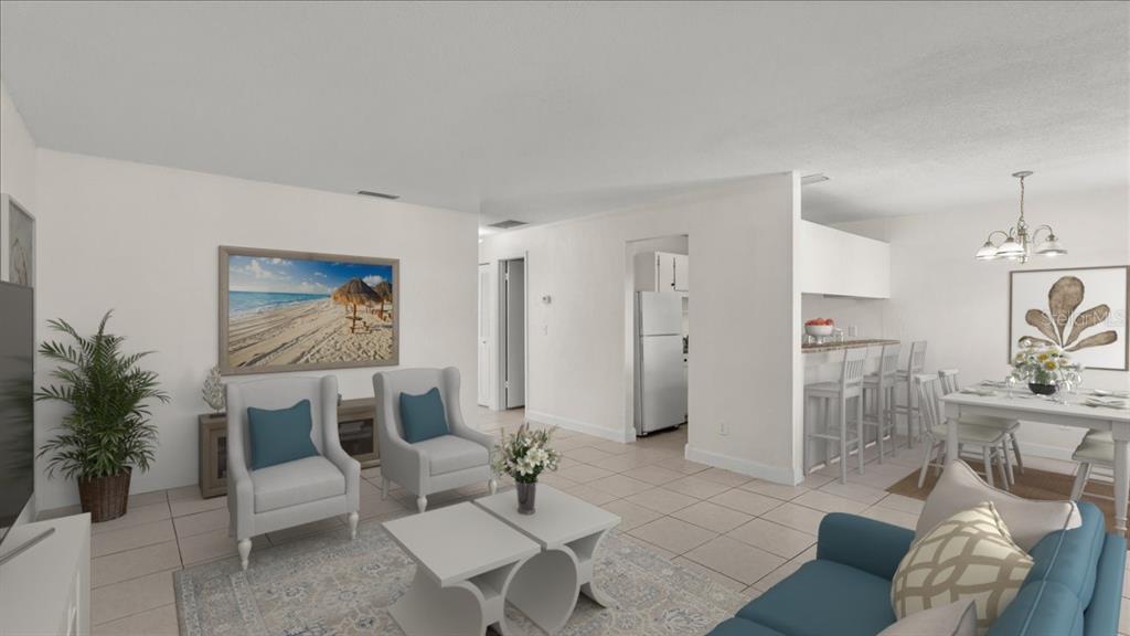 This living and dining room features tile flooring, a breakfast bar, and neutral wall colors — 411 N HALIFAX AVENUE UNIT 304, DAYTONA BEACH, FL