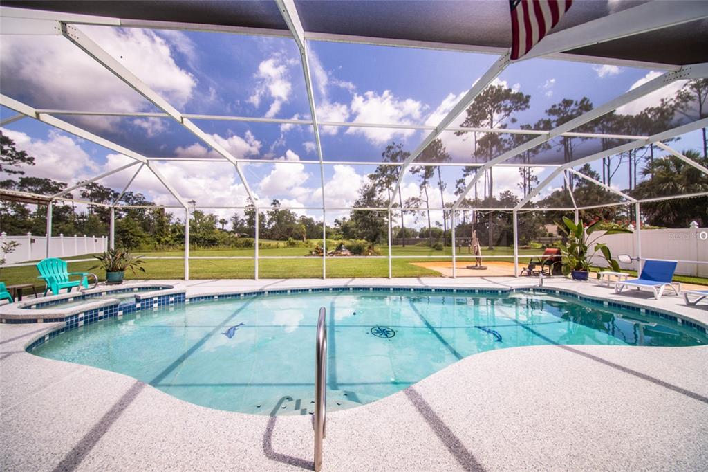 A swimming pool with a spa is enclosed by a screened lanai overlooking a yard — 87 EASTWOOD DRIVE, PALM COAST, FL