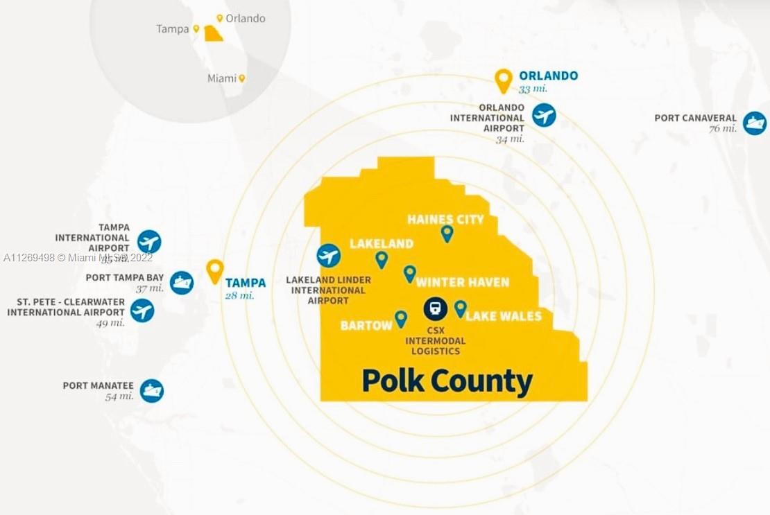 This map shows the location of Polk County in relation to nearby cities, airports, and ports — 113-115 E 9, Frostproof FL 33843, FROSTPROOF, FL