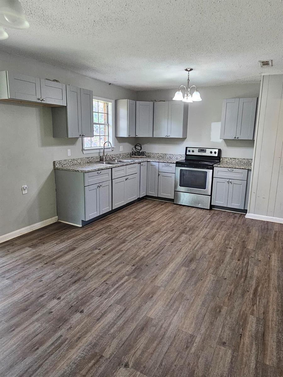 A kitchen features gray cabinets, granite countertops, stainless steel appliances, and wood-look flooring — 503 Martin Luther King Junior Avenue, FL 32425, FL