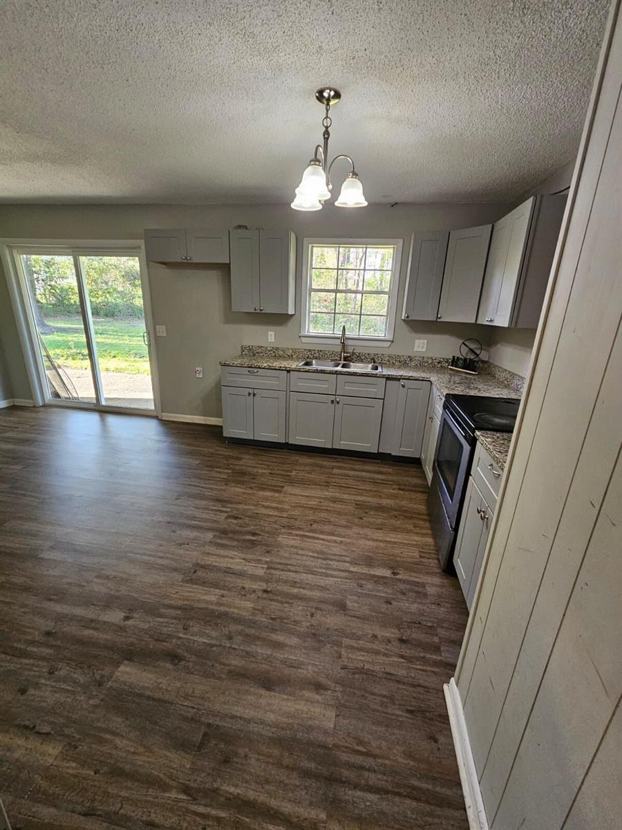 A kitchen with gray cabinets, granite countertops, and wood-look flooring next to a sliding door — 503 Martin Luther King Junior Avenue, FL 32425, FL