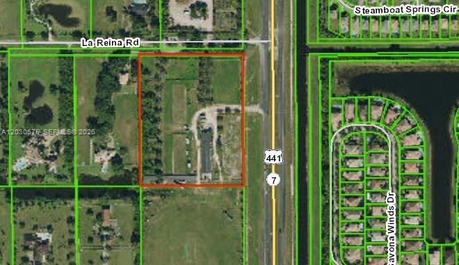 This is an aerial map showing a rectangular parcel of land adjacent to a highway — 15621 S State Road 7, Delray Beach FL 33446, DELRAY BEACH, FL