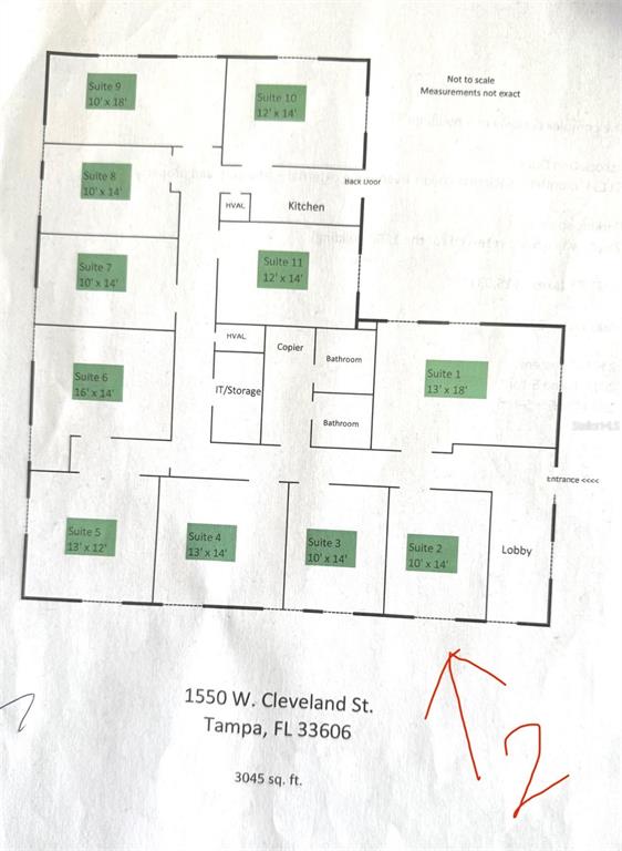 This is a floor plan showing the layout of a commercial office space with multiple suites — 1550 W CLEVELAND STREET UNIT 2, TAMPA, FL