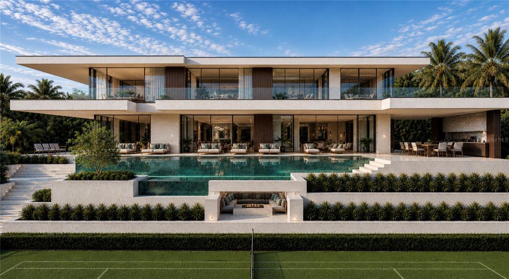 This architectural rendering shows a modern luxury home with a pool, sunken lounge, and tennis court — 10084 TAVISTOCK RD, ORLANDO, FL