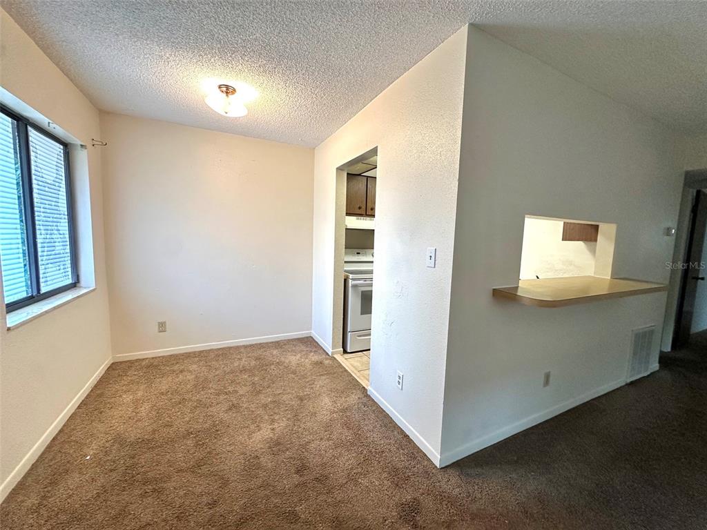 A dining area with brown carpet features a pass-through window to the adjacent kitchen — 3635 135TH AVENUE UNIT C, LARGO, FL