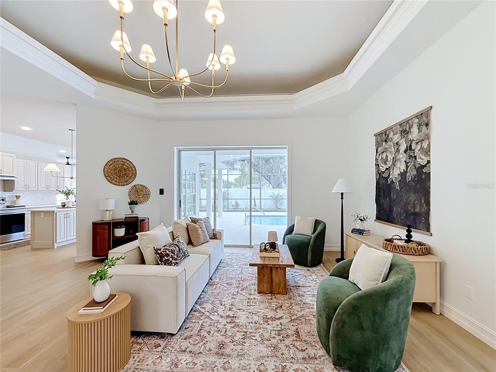 A living room features a tray ceiling, chandelier, white sofa, and two green velvet chairs — 34239 WOODRIDGE LANE, EUSTIS, FL