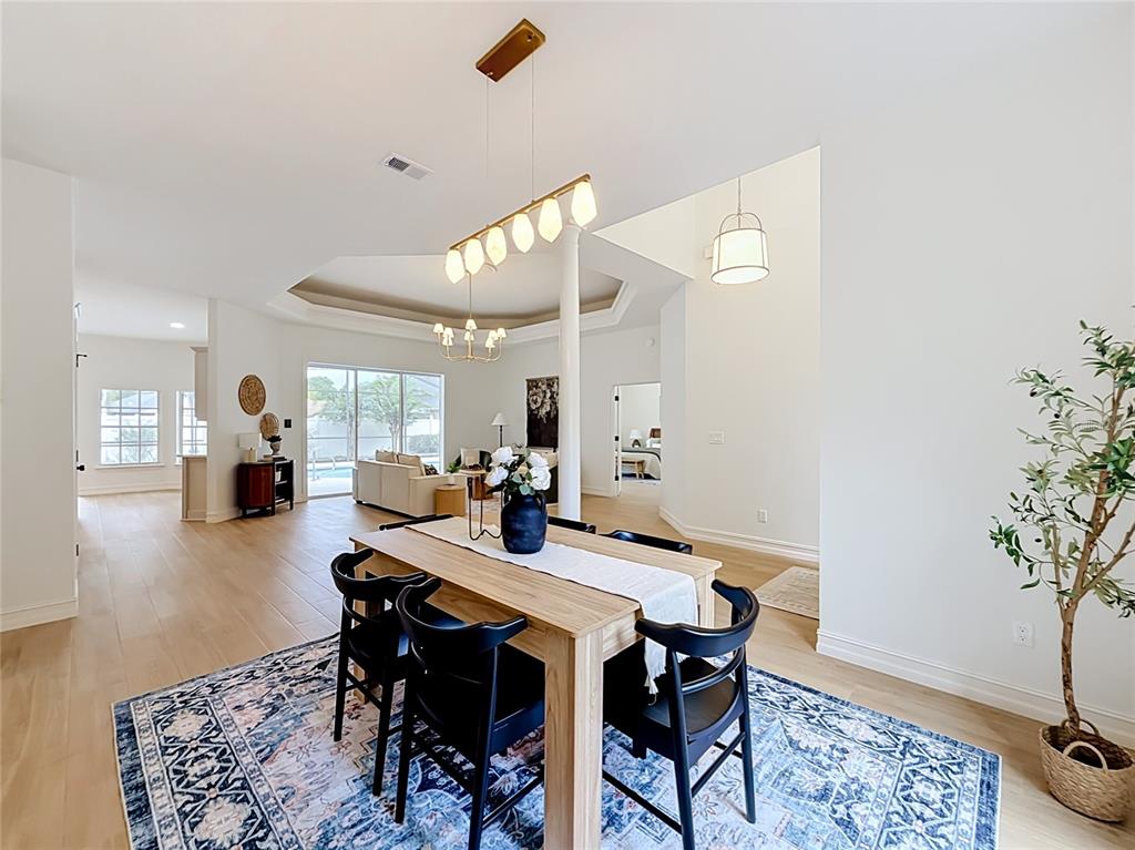A dining area with a wooden table and black chairs sits on a patterned rug — 34239 WOODRIDGE LANE, EUSTIS, FL