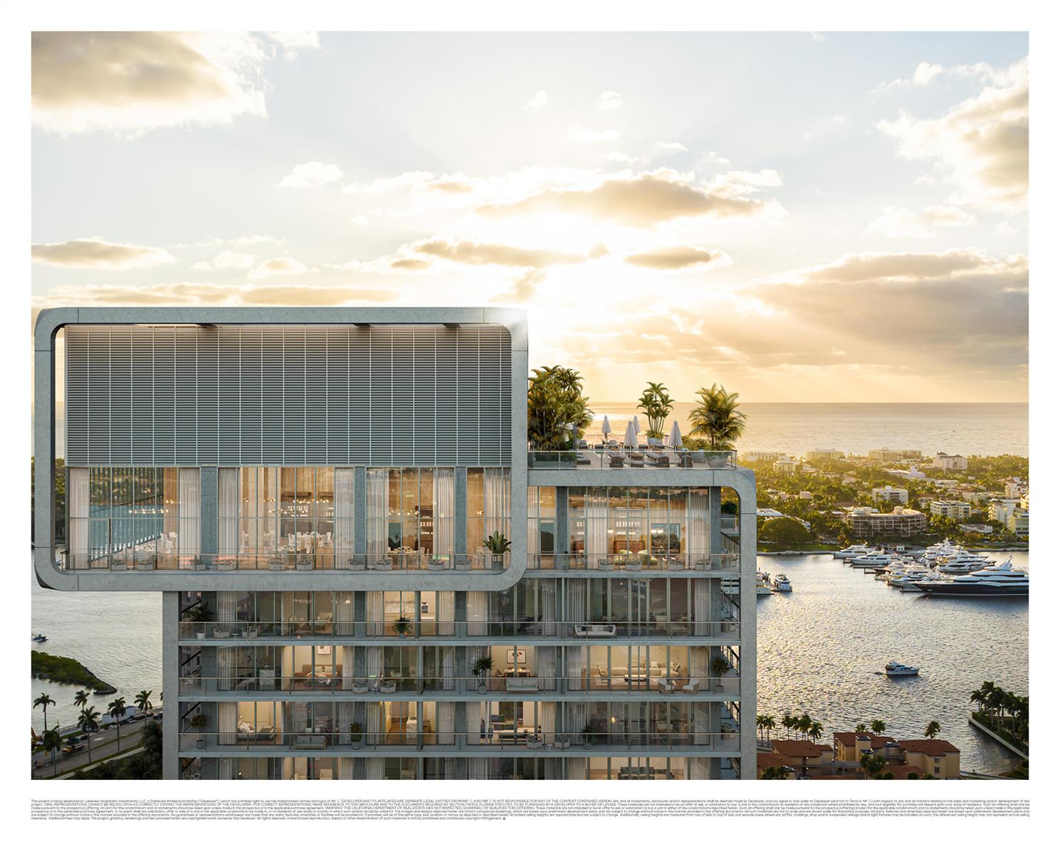 This architectural rendering shows a modern luxury high-rise building overlooking a marina at sunset — 383 Okeechobee Boulevard # 3, West Palm Beach FL 33401, WEST PALM BEACH, FL