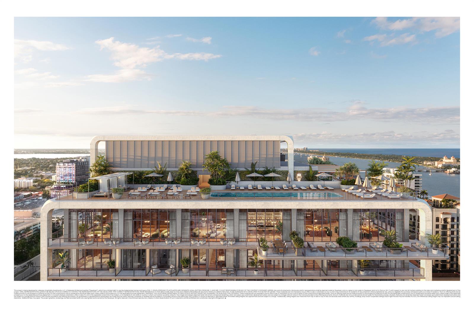 This architectural rendering shows a rooftop pool deck with lounge chairs overlooking a coastal city — 383 Okeechobee Boulevard # 3, West Palm Beach FL 33401, WEST PALM BEACH, FL