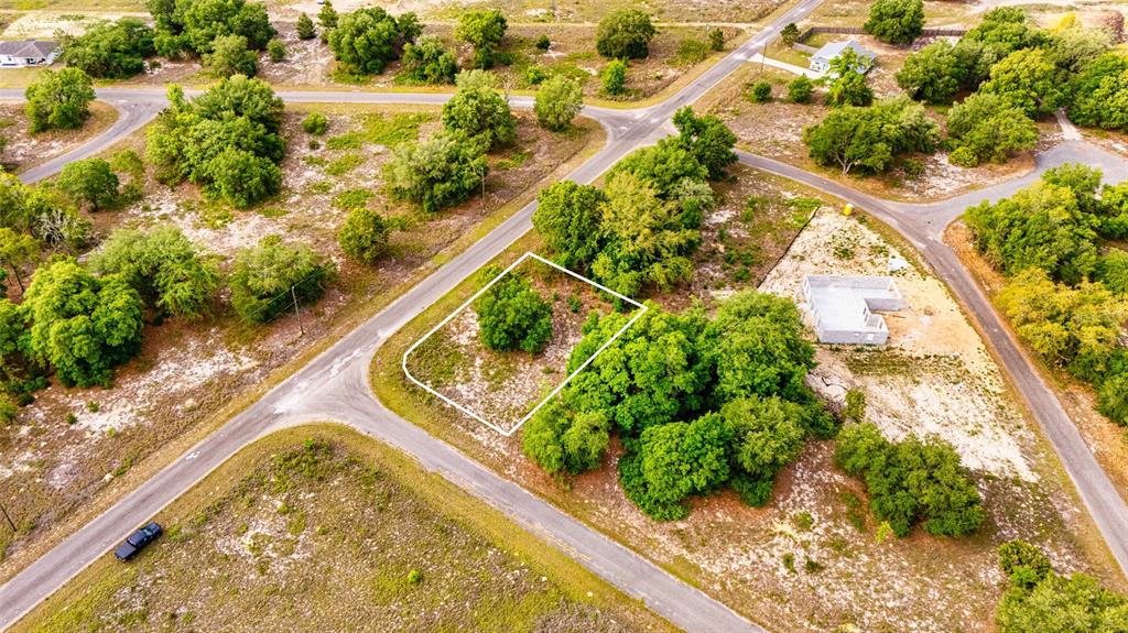 An aerial view shows a vacant, tree-covered residential lot outlined in white near paved roads — 39 GUAVA TRACK, OCKLAWAHA, FL