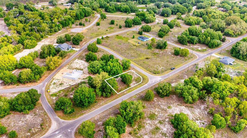 An aerial view shows a vacant, wooded residential lot outlined in white within a neighborhood — 39 GUAVA TRACK, OCKLAWAHA, FL