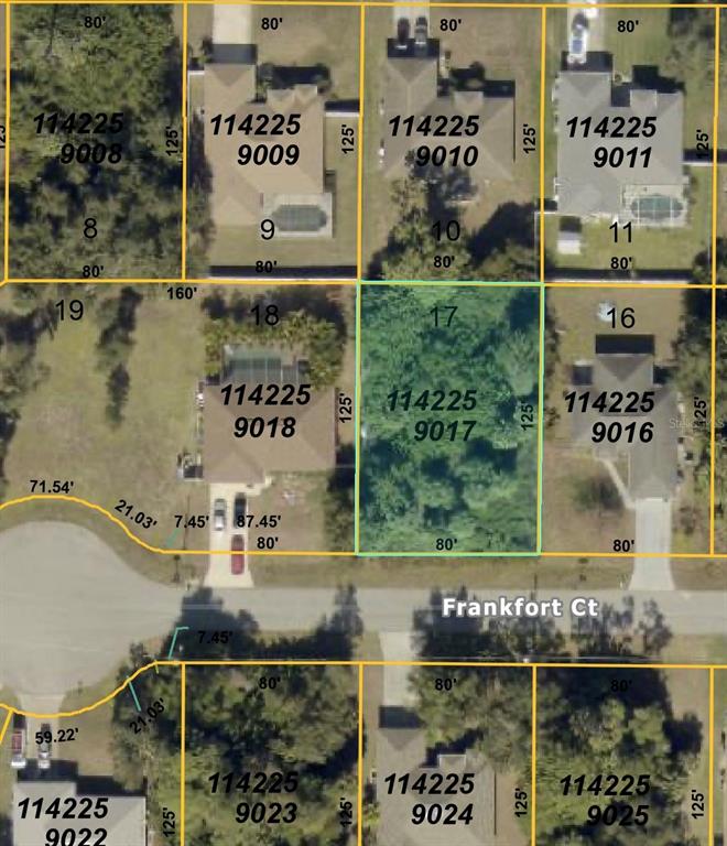 This is a satellite map showing residential lots and houses along a cul-de-sac — FRANKFORT CT, NORTH PORT, FL