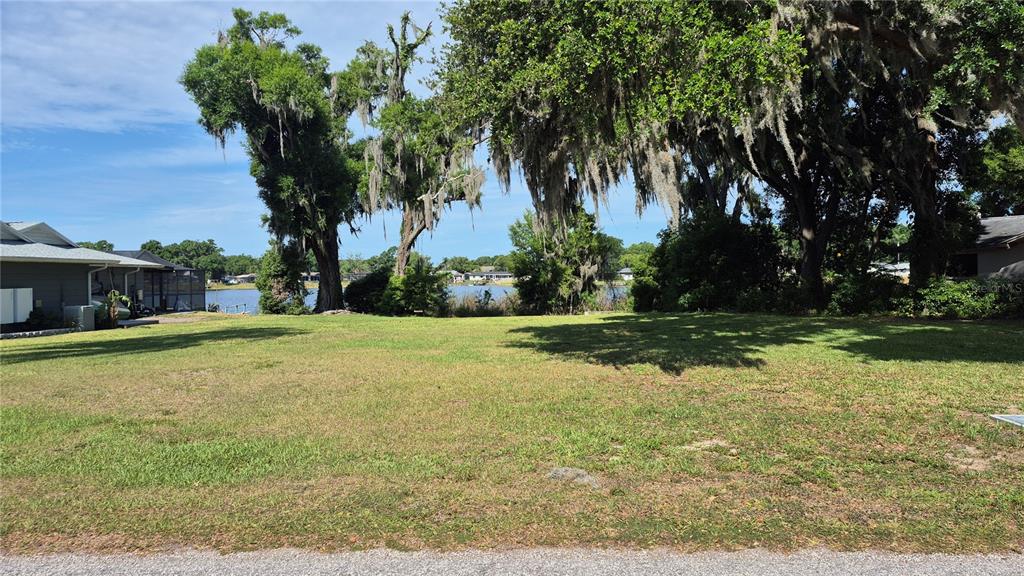 A grassy, vacant waterfront lot features large trees with Spanish moss under a blue sky — 3745 LAKE BREEZE DRIVE, LAND O LAKES, FL